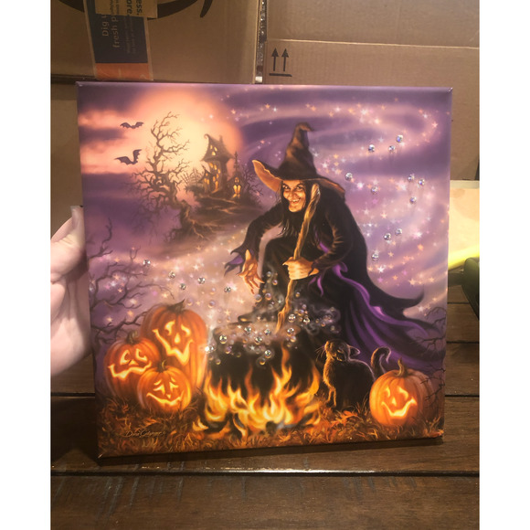 NEW WITCH BEADAZZLED All Hallow's Eve Print Framed Halloween Wall Decor - Picture 3 of 12